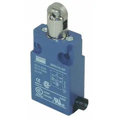 Top-mount roller-plunger limit switch for position sensing in industrial automation. Includes a 6 ft cable with 5 wires of 18 AWG. Used to detect presence or position of moving machinery parts on conveyor systems, packaging equipment, and machine tools.