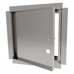 This steel latching access door is designed for ceiling mounting, providing concealed entry to mechanical, electrical, or plumbing systems. It features a concealed hinge and drywall bead flange for a flush finish with drywall ceilings. Constructed from 16-gauge steel, it offers robust security for maintenance access points.