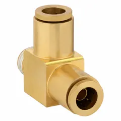 This brass adapter tee fitting connects two 3/8 in OD tubes to a 3/8 in pipe port. It is used in pneumatic systems such as air brake lines on commercial vehicles to create a leak-resistant junction.