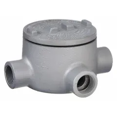 T-shaped conduit outlet body made of aluminum with a powder-coated finish. Features female threaded hubs for use with threaded IMC, includes a cover and grounding screw. Body capacity is 18 cu in. UL Listed for hazardous locations: Class I, Division 1 and 2, Groups B, C, D; Class II, Division 1 and 2, Groups E, F, G; and Class III.