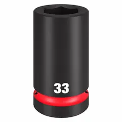 SAE 33 mm 6-point deep impact socket with black phosphate finish. Designed for use with 1" drive impact tools in heavy-duty fastening applications requiring high torque on large bolts and nuts.