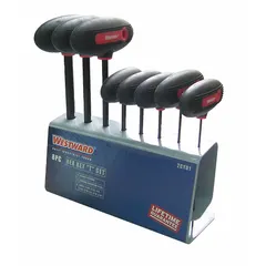 T-shaped hex key set with 8 SAE standard long-reach tips. Black oxide finish. Includes organizer. Used for tightening or loosening hex socket screws and bolts in maintenance, assembly, and repair tasks.