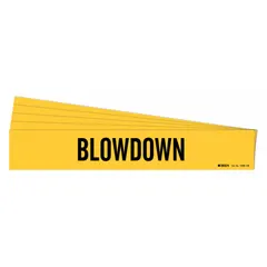 Yellow adhesive pipe marker with black legend reading 'Blowdown', designed for pipes with outer diameter of 8 inches and larger. Pack of 5 markers without arrows. Used to identify blowdown piping systems in industrial facilities.