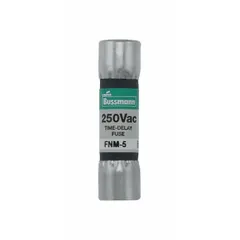 Midget, time-delay, non-indicating fuse rated 5 A at 250 V AC. Dimensions: 13/32 in x 1 1/2 in. Designed for overcurrent protection in industrial control panels, motor circuits, and lighting systems where temporary inrush currents occur.