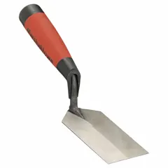 Square-blade margin trowel with a 2-inch wide carbon steel blade. Used for spreading and smoothing mortar in tight corners or along edges in masonry work. Rubberized handle provides a secure grip.