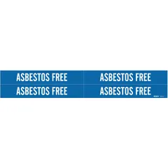 Blue adhesive pipe marker with white legend reading 'Asbestos Free'. Fits pipe outer diameters from 3/4 to 2-3/8 inches. Pack of 4 markers without arrows. Used for labeling pipes in industrial facilities to indicate asbestos-free contents.