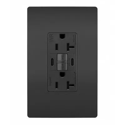 LEGRAND Receptacle: Duplex, 5-20R, 2 USB Ports, USB Type C, Black, 125V AC, 20 A - Weather-Resistant Receptacles with USB Chargers