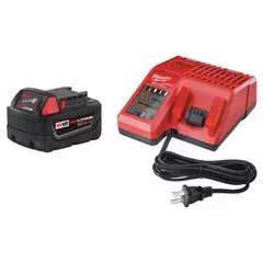 This kit includes one M18 5 Ah battery and one charger, operating at 18V DC. The battery provides power for M18 cordless tools such as drills, impact wrenches, saws, and grinders. The charger replenishes the battery for continued use. Note: The battery is not oil-resistant.