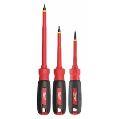 This 3-piece insulated screwdriver set includes Phillips and slotted tips in size #1. Designed for electrical work, the insulation provides protection against electric shock when working on live circuits up to 1000 V. The tether-ready feature helps prevent tool drops in elevated or confined spaces, making it suitable for industrial maintenance and construction applications.