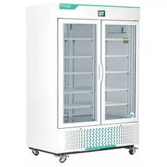 This upright medical and lab refrigerator provides 36 cubic feet of storage capacity with a temperature range of 1°C to 10°C. It features a swing glass door and a door ajar alarm. The unit uses R-290 refrigerant and has a white finish. Suitable for storing pharmaceuticals, vaccines, and lab samples requiring stable cold-chain conditions.