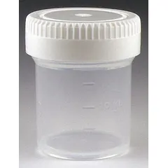 Translucent polypropylene jar with included polyethylene closure. 0.7 fl oz capacity, 35 mm body diameter, 44.2 mm height. Not pre-cleaned. Suitable for storing, mixing, or sampling small volumes of liquids or powders in laboratory settings.
