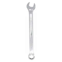 Alloy steel construction with chrome finish. SAE 6-point combination wrench with offset design. Head size: 1-1/16 in. Overall length: 14-1/8 in. Used for tightening or loosening hex fasteners in confined spaces.