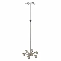 Standard IV pole constructed from stainless steel for corrosion resistance. Features six hooks for hanging intravenous fluid bags and a six-leg base for stability. Suitable for use in medical facilities to support IV therapy.