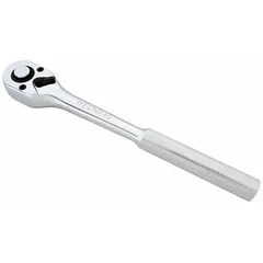 This reversible ratchet features a chrome finish and a 5° minimum arc swing, enabling fastener engagement in confined spaces. The 10-inch overall length provides leverage for tightening or loosening fasteners in automotive, machinery, and general assembly tasks.