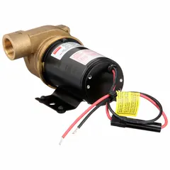 This marine straight centrifugal pump is constructed with brass for corrosion resistance. It operates on 12V DC and provides a maximum head of 17 ft. The pump has 3/4 in intake and discharge ports, suitable for fluid transfer applications such as bilge pumping or deck washdown on boats.