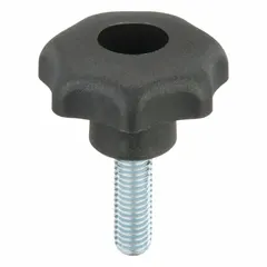 7-arm knob with threaded stud, 40 mm diameter plastic body and steel M8 thread, 25 mm thread length. Provides ergonomic grip for manual adjustment, clamping, or positioning on machinery and industrial equipment.