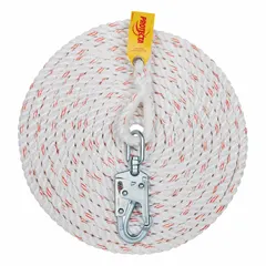 This 25 ft vertical rope lifeline is made of polypropylene and includes a steel snap hook. It has a 310 lb capacity and is intended for use with mobile and fixed rope grabs in fall protection systems for one worker.