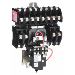 Mechanically held lighting contactor with 12 poles, 120V AC coil voltage, and 30 A rated current. Used for switching large lighting loads in commercial and industrial applications such as parking lots, warehouses, and office buildings.