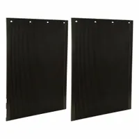 Polymer mud flaps for rear vehicle location, supplied as a pair. Each flap measures 30 inches in height, 24 inches in width, and 5/16 inch in thickness. Black color. Used on trucks to reduce road spray and debris thrown by tires