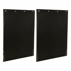 Polymer mud flaps for rear vehicle location, supplied as a pair. Each flap measures 30 inches in height, 24 inches in width, and 5/16 inch in thickness. Black color. Used on trucks to reduce road spray and debris thrown by tires.