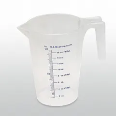 This oil measuring container has a 0.5 qt fluid capacity and a lip spout for controlled pouring. Made of translucent clear material, it includes graduation marks for accurate measurement. Overall height is 5 1/2 inches. Suitable for measuring and transferring oil in maintenance tasks.