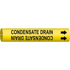 Yellow snap-on pipe marker with black legend reading 'Condensate Drain'. Fits pipe outer diameters from 3/4 to 1-3/8 inches. Includes directional arrows. Used to identify condensate drain lines in industrial piping systems for clear labeling and maintenance reference.