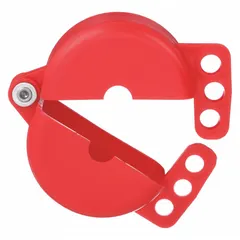 Red hinged lockout device for gate valve hand wheels with a minimum diameter of 1 in and a maximum diameter of 2 1/2 in. Used to secure valves in the closed or open position during maintenance, preventing accidental operation as part of lockout/tagout procedures.