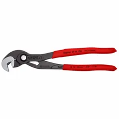 Flat-jaw tongue and groove pliers with push-button smooth adjustment. Overall length 10 in, max jaw opening 1 1/4 in. Suitable for gripping and turning flat or delicate workpieces without marring surfaces, commonly used in plumbing, electrical, and mechanical maintenance.