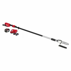 This battery-powered pole saw kit operates on an 18 V system with a 12.0 Ah battery. The telescoping pole extends from 9 ft to 13 ft, allowing cutting of branches and limbs at height from the ground. Suitable for tree trimming and pruning tasks.