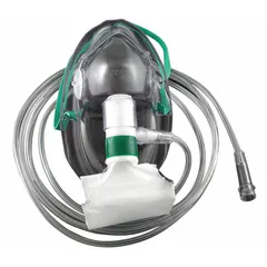 Disposable non-rebreather mask made from PVC, designed for high-concentration oxygen delivery. Meets FDA standards for medical device safety. Suitable for use in medical and emergency settings for patients requiring supplemental oxygen.