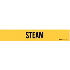 Adhesive pipe marker for identifying steam lines. Yellow background with black legend. Fits pipe outer diameters from 2-1/2 to 7-7/8 inches. Supplied without directional arrows. Includes one marker per unit.