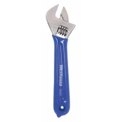 This adjustable wrench is constructed from alloy steel with a chrome finish and a plain grip. With a 4-inch overall length and a 1/2-inch jaw capacity, it is suited for tightening or loosening nuts, bolts, and fittings in light-duty plumbing, mechanical, and maintenance tasks.