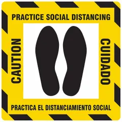 This 12 in x 12 in white plastic floor sign displays a bilingual Spanish 'Caution - Practice Social Distancing' message. It is 0.004 in thick and features adhesive surface mounting for application on floors or other surfaces. Suitable for use in industrial facilities, warehouses, and public areas to promote safe spacing.