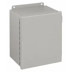 This WIEGMANN steel enclosure measures 14 x 12 x 6 inches and is rated NEMA 12/13 for protection against dust, dirt, and non-corrosive liquids. It features a solid hinged cover secured with screws and does not include knockouts. Suitable for indoor use in industrial environments to house electrical controls, terminals, and instruments.