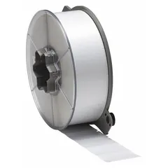 Rectangular flag precut label roll for wire and cable identification. Polyester material with white gloss finish. Measures 2 in x 1 1/2 in, accommodates wire diameters from 0.06 in to 0.19 in. Compatible with A5500 printer series, requires SSR6002 ribbon.