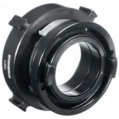 This aluminum rigid adapter features NH x Storz connections with a straight design, sized 4-1/2 in x 4 in. It is used to connect fire hoses to hydrants or standpipes in fire protection systems, providing a secure coupling for water supply.