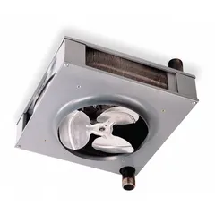 This suspended vertical unit heater delivers 39,600 BtuH output at 200°F water with 989 cfm air flow. It features a 1-1/2 in threaded male NPT connection and measures 11-1/8 in x 21-1/4 in x 21-1/4 in. Designed for water heating in commercial or industrial spaces such as warehouses and factories, it is supplied without a fan guard.