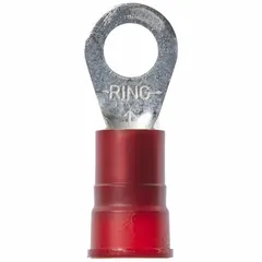 Nylon-insulated ring terminal rated for 1000 V. Accepts 8 AWG wire and fits 1/4 in studs. Used for secure crimp connections in control panels, machinery, and power distribution systems.