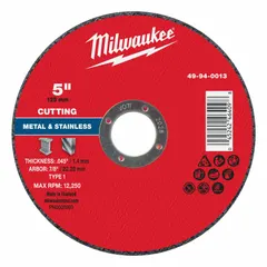 This Type 1 cut-off wheel is made of aluminum oxide with 46 grit, measuring 5 inches in diameter, 0.045 inches thick, with a 7/8-inch arbor hole. It is designed for general-purpose cutting of carbon and stainless steel in fabrication and maintenance tasks.