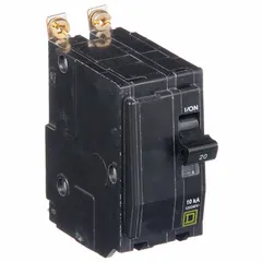 The SQUARE D QOB220 is a 20 amp, 2-pole bolt-on miniature circuit breaker rated for 120/240V AC single-phase systems. It has a maximum interrupting rating of 10kA at 120/240V AC. This breaker is intended for use in Square D NQOD panelboards for overcurrent protection in branch circuits.