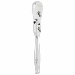 This 8-3/4 in chrome flex-head ratchet features a reversible pear head and a 4° minimum arc swing, enabling use in confined spaces where a standard ratchet cannot swing fully. The flex head allows the handle to pivot for access to fasteners at various angles. Suitable for tightening and loosening fasteners in automotive, industrial, and maintenance tasks.