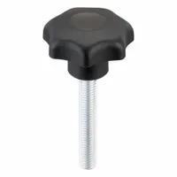 This 7-arm knob with threaded stud is designed for manual adjustment and clamping applications. It features a plastic body with a steel threaded stud, M12 thread, 20 mm thread length, and 50 mm diameter. Suitable for jigs, fixtures, and industrial equipment requiring frequent hand tightening