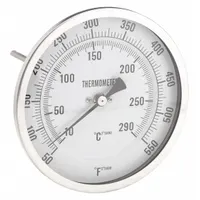 This back-mount fixed-angle thread-mount dial thermometer features a 5-inch dial and a 6-inch stem. It measures temperatures from 50°F to 550°F (10°C to 290°C) with an accuracy of ±1.5% below 150°F. Suitable for direct installation into pipes or vessels for continuous temperature monitoring in industrial processes