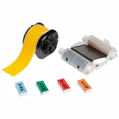 This kit includes a black ribbon cartridge and 50 red ammonia (IIAR) labels measuring 2.25 in x 1 in. It is designed for use with the BBP31 printer and i3300 printer series to produce pipe markers for industrial ammonia systems.