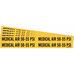 Yellow adhesive pipe marker with black legend 'Medical Air 50-55 PSI' for identifying medical air piping systems. Fits pipe outer diameters from 3/4 to 2-3/8 inches. Pack of 5, without arrows. Suitable for use in healthcare and facility piping identification.