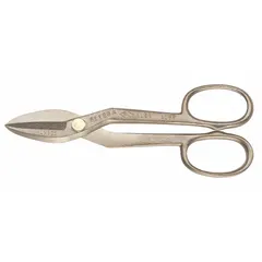 Non-sparking tinner snips with straight blades, 12 in overall length and 3 in cutting length. Constructed with aluminum bronze, plastic, and metal. Suitable for cutting soft metals in environments where spark prevention is required.