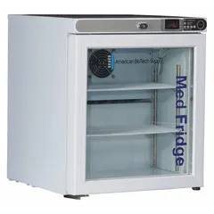 This tabletop lab refrigerator provides a 1 cu ft storage capacity with a temperature range of 2°C to 7°C, suitable for storing pharmacy and vaccine supplies. It features a white finish, a left-hand swing glass door, and a temperature alarm. The unit uses R-600a refrigerant and has an overall depth of 19 1/4 in.