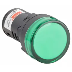 This LED indicator pilot light is designed for 22 mm panel mounting holes and features a raised head for clear visibility. It uses an M3.5 screw electrical connection for secure wiring. Typical applications include status indication on industrial control panels, machinery, and electrical enclosures.