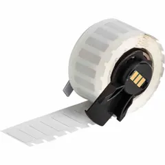 Precut label roll measuring 21/32 in x 13/64 in, made of white gloss polyimide. Compatible with BMP71 printer using a Media Adapter. Used for labeling in industrial environments requiring heat and chemical resistance.