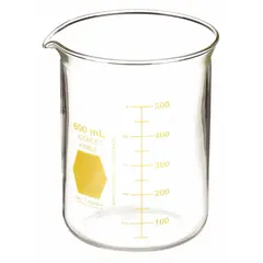 Low form beaker made from Type I borosilicate glass with a yellow color coding for laboratory identification. Capacity 600 mL (20.28 fl oz). Suitable for general lab tasks such as mixing, heating, and measuring liquids.